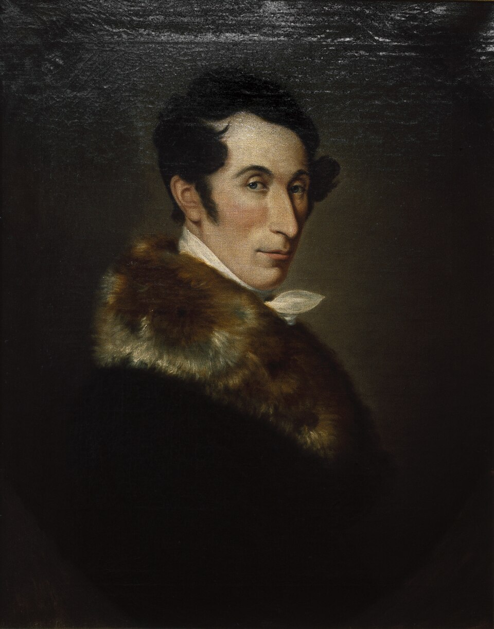AI generated: The image shows a portrait of a man with dark hair wearing an elegant coat with a fur collar. He is looking to the side, with the background kept dark to emphasise the person.