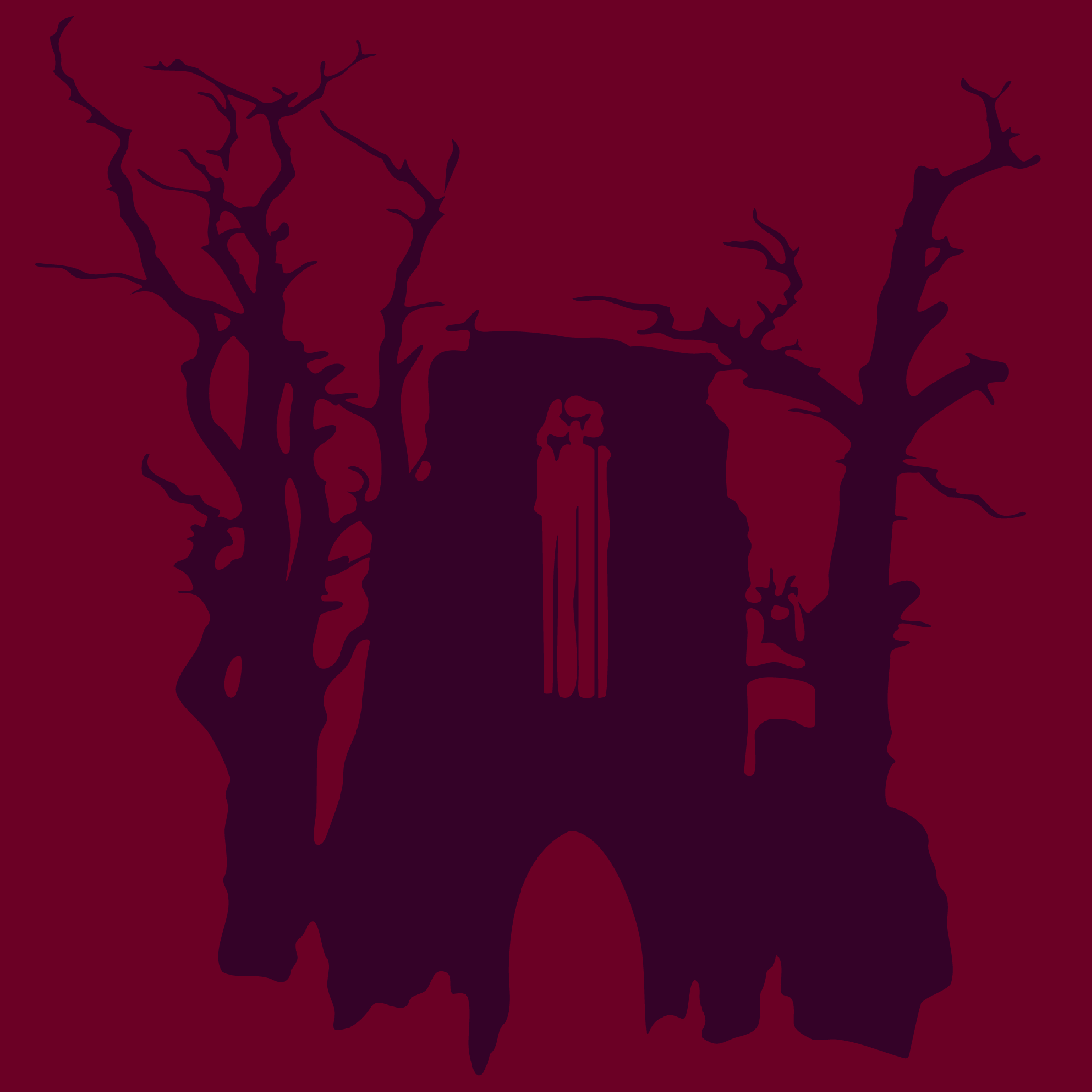 AI generated: The image shows an abstract scene with two shadowy figures and bare trees against a dark background. The image looks mysterious and is reminiscent of a forest or ruins.