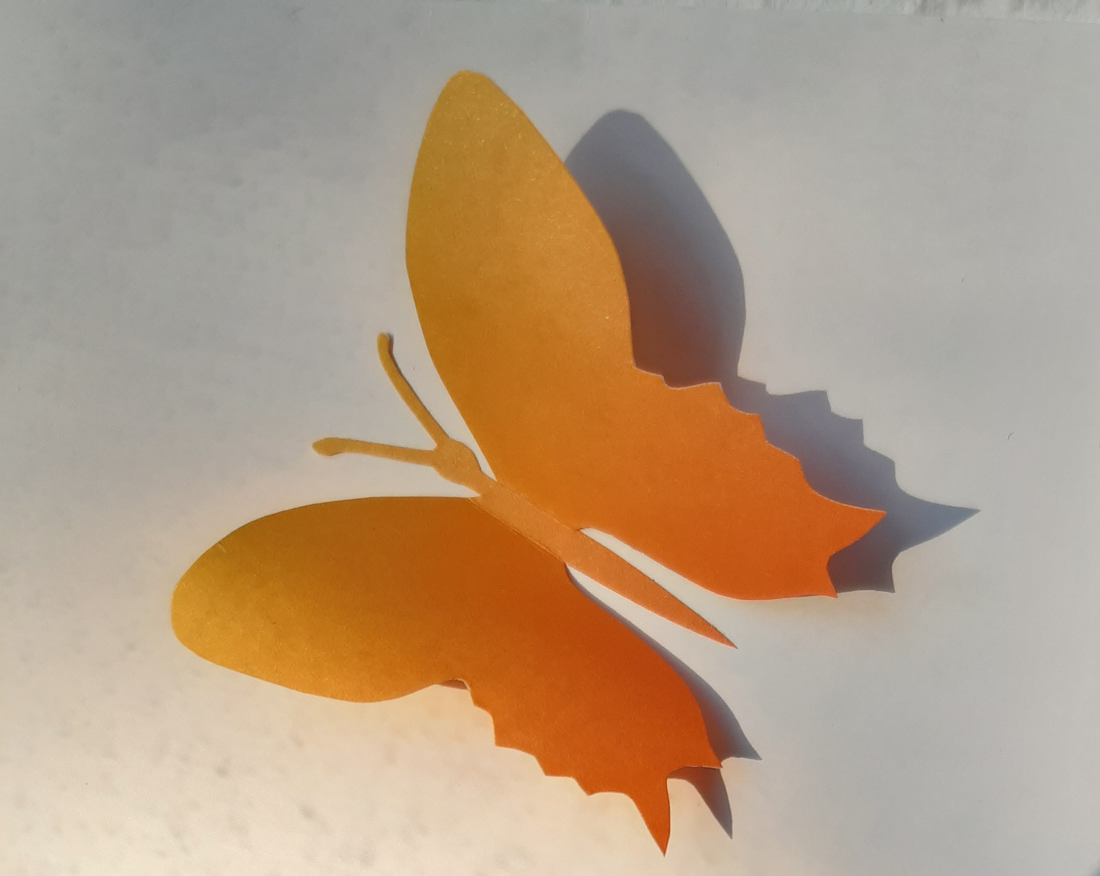 KI generiert: Das Bild zeigt einen stilisierten, orangefarbenen Papierfalter, der auf einem hellen Hintergrund liegt. Der Schmetterling wirft einen Schatten, der die Illusion von Tiefe erzeugt.