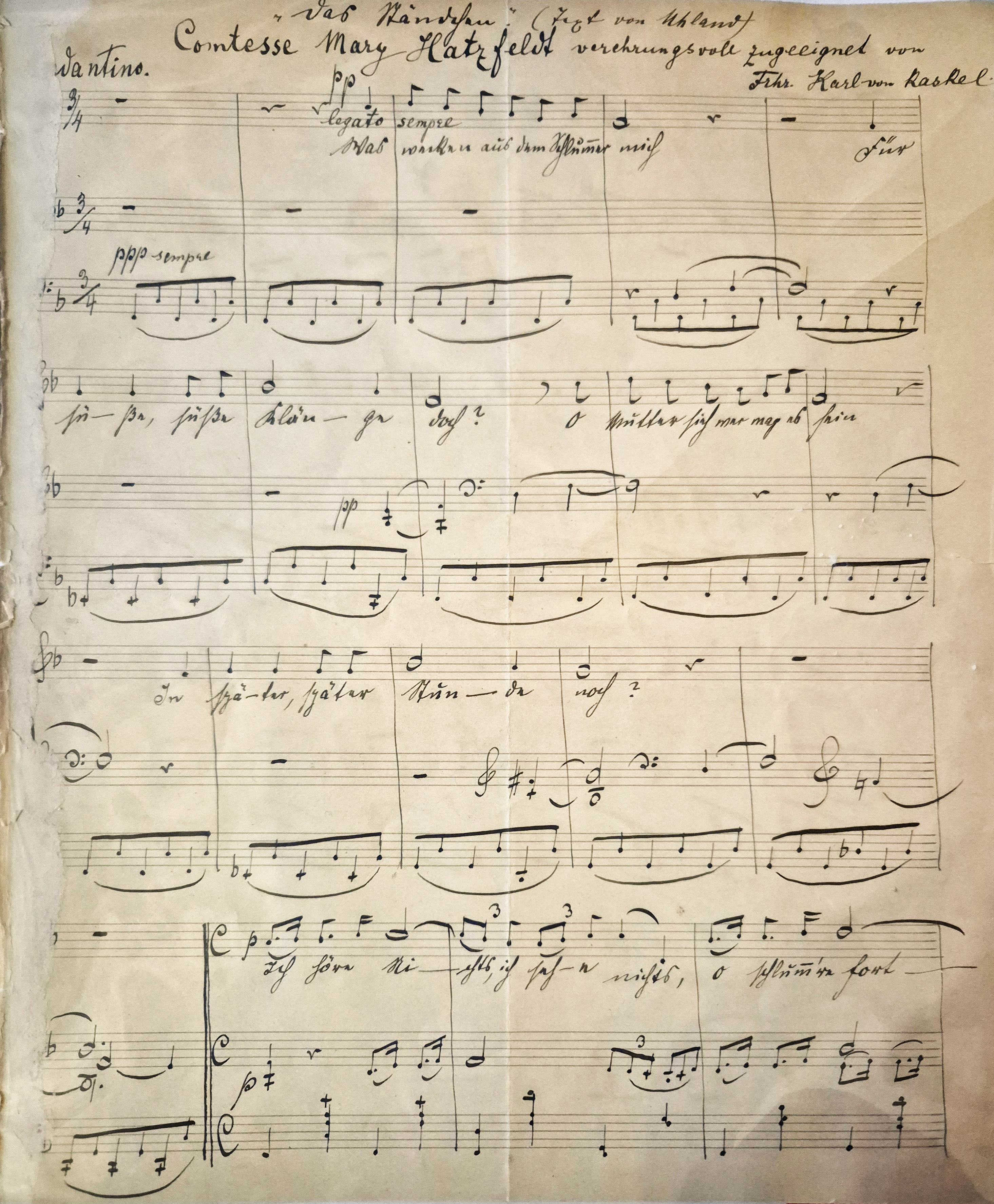 AI generated: The image shows a handwritten musical score with notes and lyrics dedicated to a Contesse Mary Hatfield. It contains musical instructions and a recognisable melody.