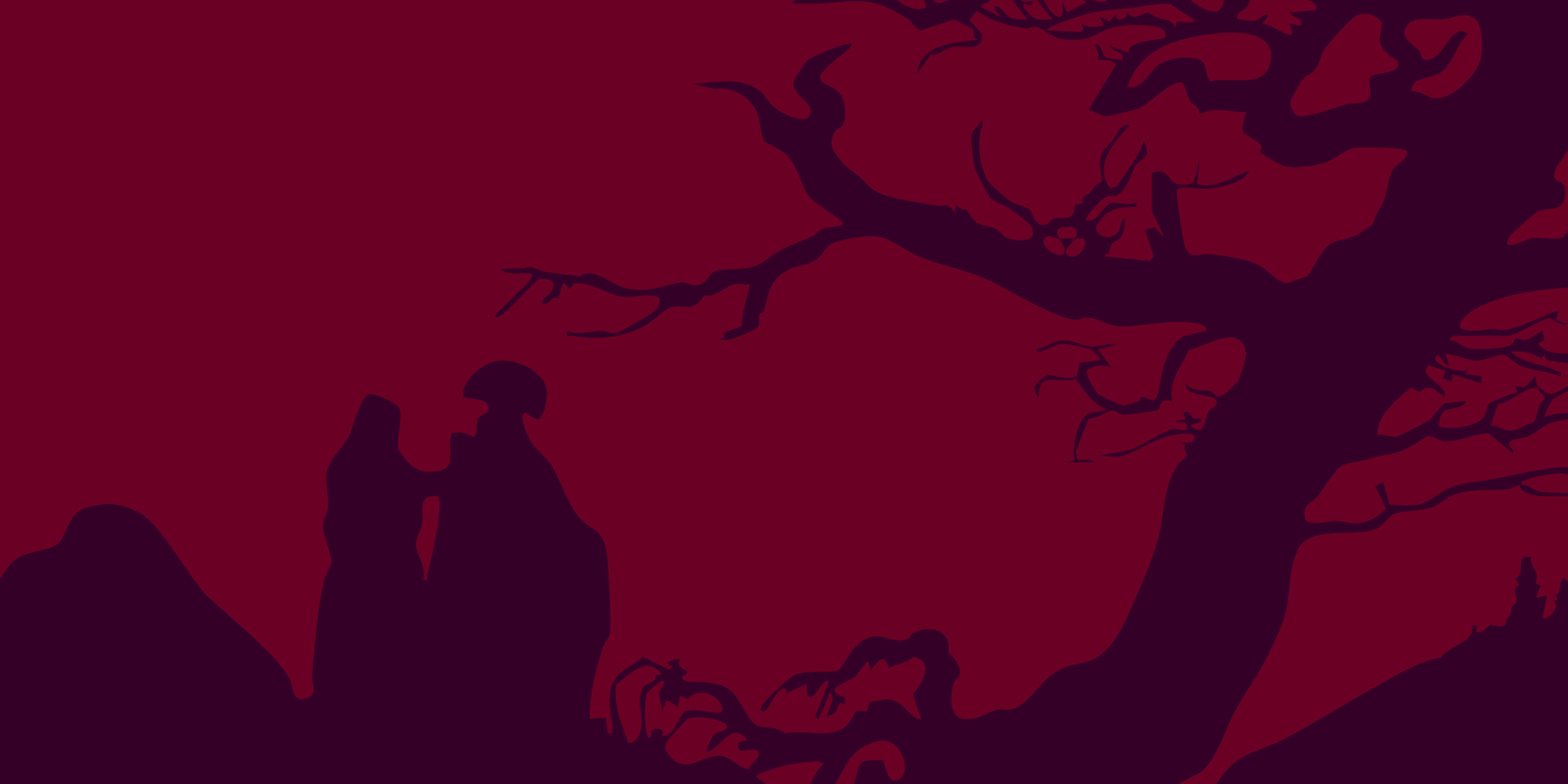 KI generiert: Das Bild zeigt eine stilisierte Silhouette eines Mannes und einer Frau, die sich unter einem großen, verwitterten Baum gegenüberstehen. Die Szene ist in dunklen Rottönen gehalten und strahlt eine mystische Atmosphäre aus.