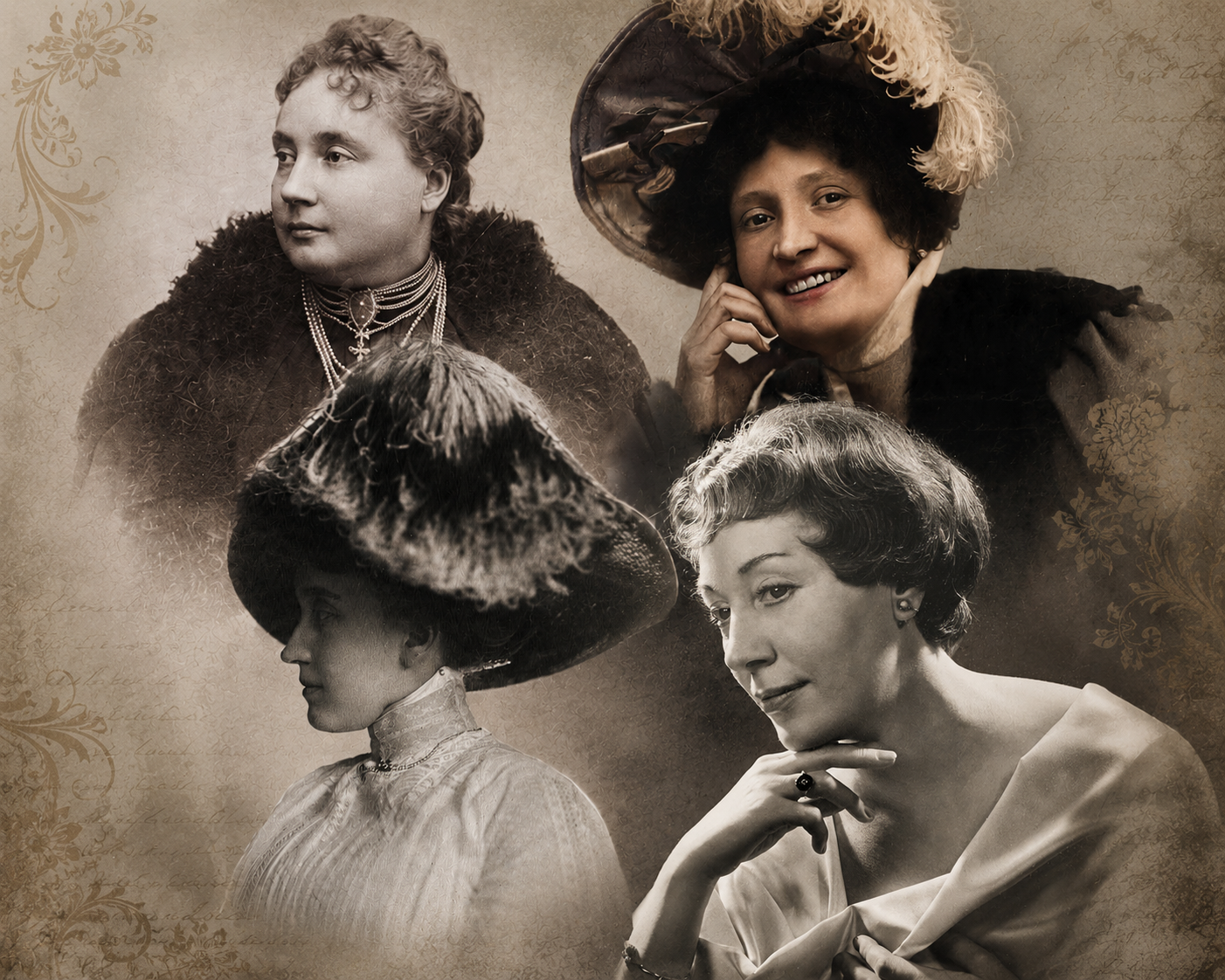 KI generiert: Das Bild zeigt vier Frauen in einer Collage, die in eleganter Kleidung aus einer früheren Epoche abgebildet sind. Es hebt historische Mode und Fotografie hervor.