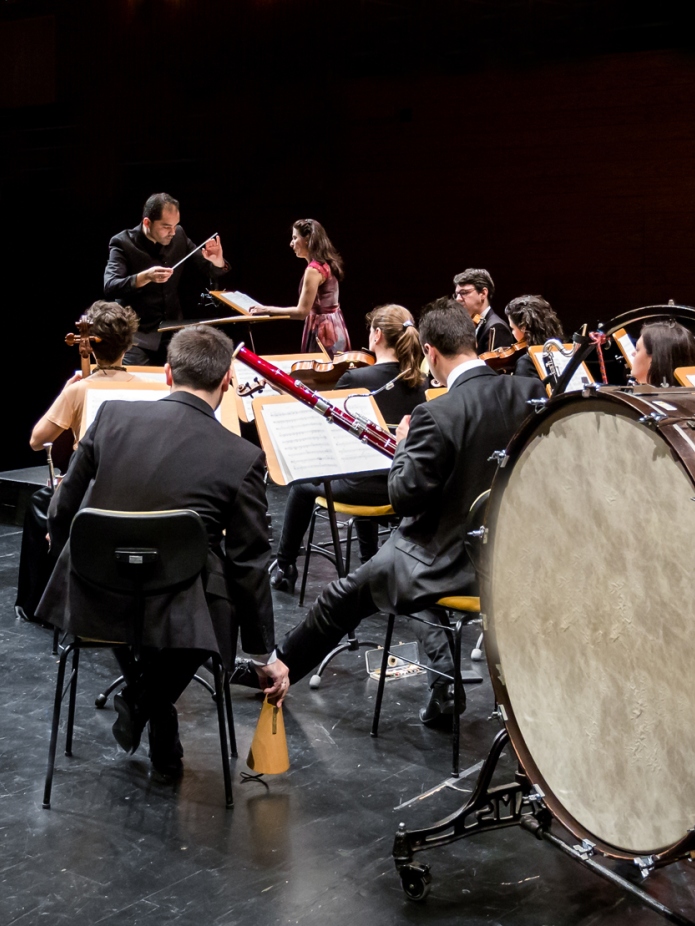 KI generiert: Das Bild zeigt ein Orchester während einer Probe oder Aufführung, dirigiert von einer Person im Zentrum. Im Vordergrund sind verschiedene Instrumente und Musiker zu sehen.
