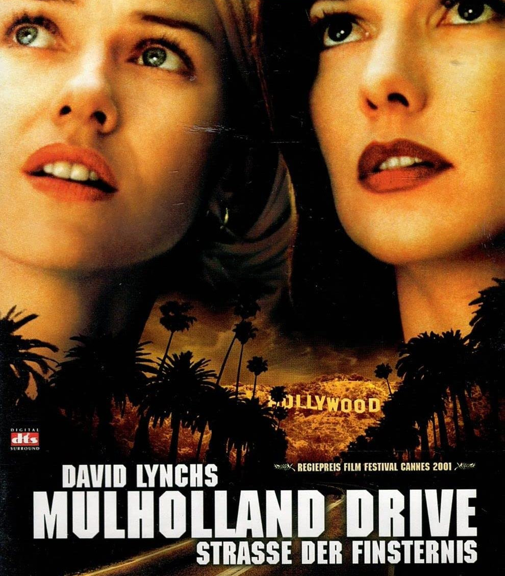KI generiert: Das Bild zeigt das Filmplakat von "Mulholland Drive – Straße der Finsternis" von David Lynch mit zwei Frauen im Fokus. Im Hintergrund sind Palmen und der Schriftzug "Hollywood" zu sehen.